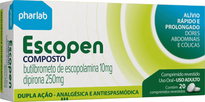 Produto Escopen composto 250mg (butilbrometo de escopolamina + dipirona) caixa com 20 comprimidos pharlab foto 1