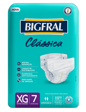 Produto Fralda para incontinencia bigfral classica tamanho xg pacote com 7 unidades foto 1