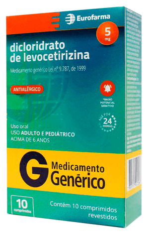Produto Dicloridrato levocetirizina 5mg caixa com 10 comprimidos generico eurofarma foto 1