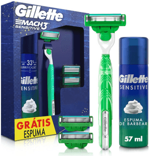 Produto Kit aparelho de barbear mach3 sensitive 1 aparelho + 3 cargas + espuma de barbear gillette foto 1