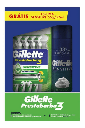 Produto Kit aparelho de barbear prestobarba 3 sensitive 4 unidades + espuma de barbear 56g gillette foto 1