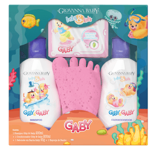 Produto Kit hora do banho gaby shampoo 200ml + condicionador 200ml + sabonete em barra 90g + 1 esponja de banho rosa giovanna baby foto 1