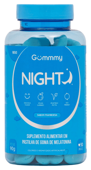 Produto Suplemento alimentar de melatonina gummy night sabor framboesa com 30 gomas gummy foto 1