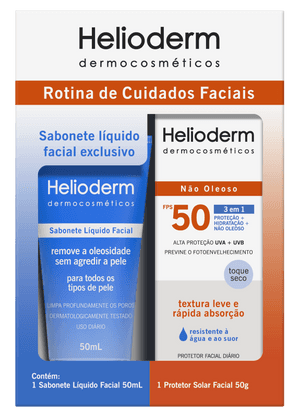 Produto Kit rotina cuidados faciais protetor solar fps50 antioleosidade 50g + sabonete líquido 50ml helioderm foto 1
