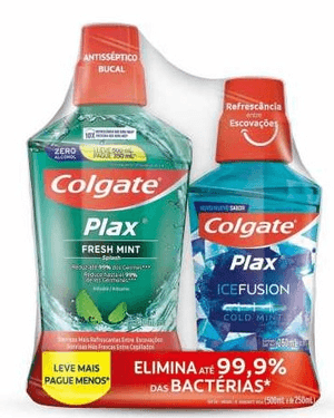 Produto Kit enxaguante bucal colgate plax fresh mint leve 500ml pague 350ml + ice fusion 250ml leve mais por menos foto 1