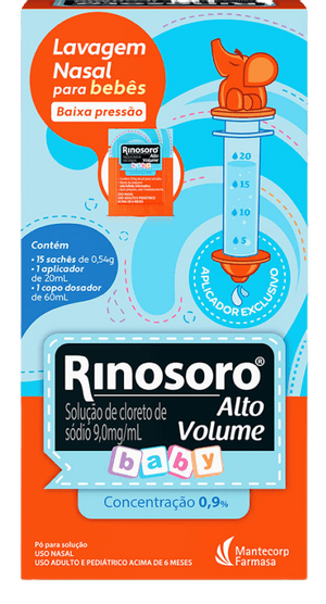 Produto Rinosoro alto volume baby 0,9% 15 sachês + 1 aplicador de 20ml + 1 copo dosador 60ml mantecorp foto 1