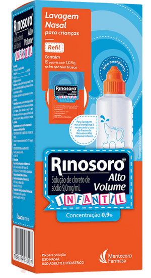 Produto Rinosoro alto volume infantil 0,9% 15 sachês mantecorp foto 1